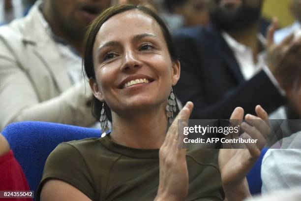 Revolutionary Armed Forces of Colombia former member Tanja Nijmeijer from Holland smiles during a graduation ceremony at Javeriana University, on...