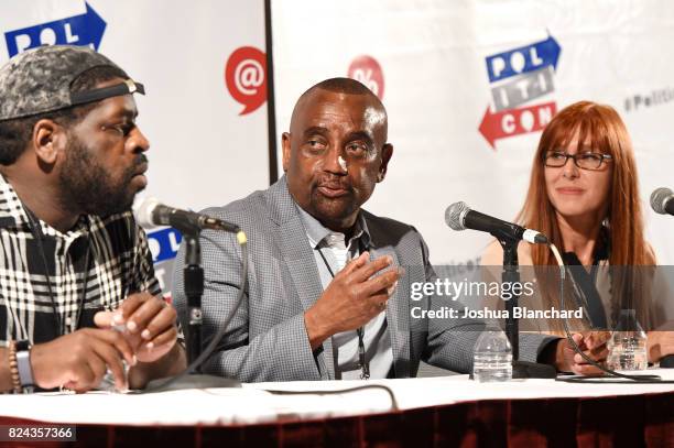 Hanif Willis-Abdurraqib, Jesse Lee Peterson and Deborah Flora at the 'Fatherhood, Community, and Our Cities' panel during Politicon at Pasadena...