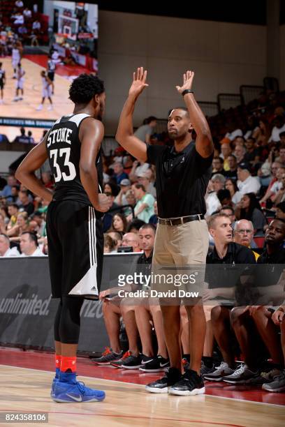 Charles Lee of the Atlanta Hawks talks with Diamond Stone of the Atlanta Hawks during the game against the New Orleans Pelicans on July 9, 2017 at...