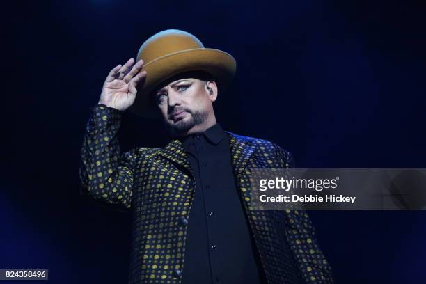 Boy George of Culture Club performs live on stage during Punchestown Music Festival at Punchestown Racecourse on July 29, 2017 in Naas, Ireland.