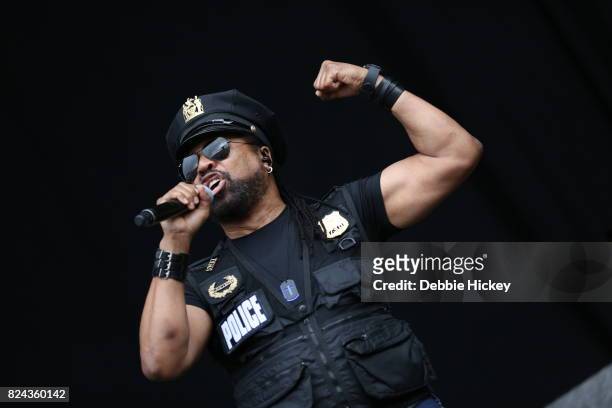 Ray Simpson of Disco group Village People performs on stage at during Punchestown Music Festival at Punchestown Racecourse on July 29, 2017 in Naas,...