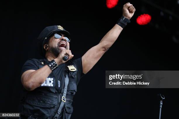 Ray Simpson of Disco group Village People performs on stage at during Punchestown Music Festival at Punchestown Racecourse on July 29, 2017 in Naas,...