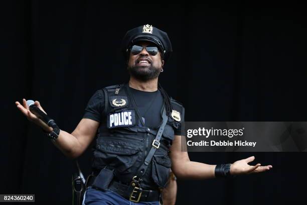 Ray Simpson of Disco group Village People performs on stage at during Punchestown Music Festival at Punchestown Racecourse on July 29, 2017 in Naas,...