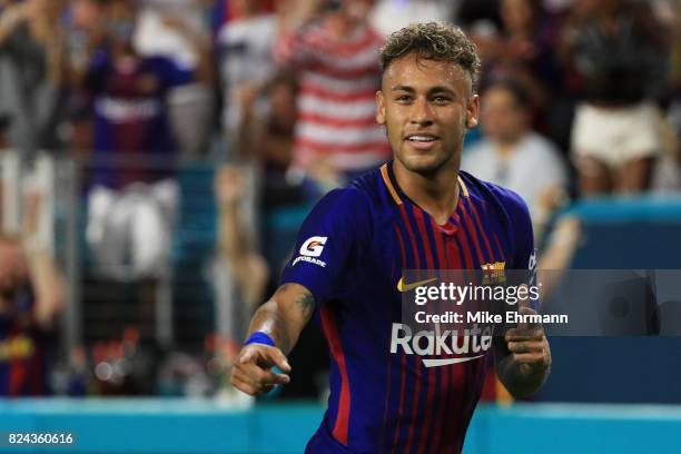 Neymar of Barcelona reacts in the second half against Real Madrid during their International Champions Cup 2017 match at Hard Rock Stadium on July...