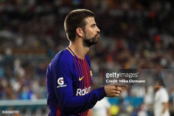 Gerard Pique of Barcelona celebrates after scoring a goal in the second half against Real Madrid during their International Champions Cup 2017 match...