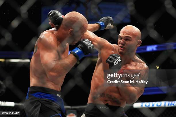 Robbie Lawler fights Donald Cerrone during their Welterweight bout at UFC 214 at Honda Center on July 29, 2017 in Anaheim, California.