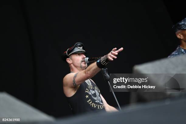 Eric Anzalone of Disco group the Village People performs on stage during Punchestown Music Festival at Punchestown Racecourse on July 29, 2017 in...