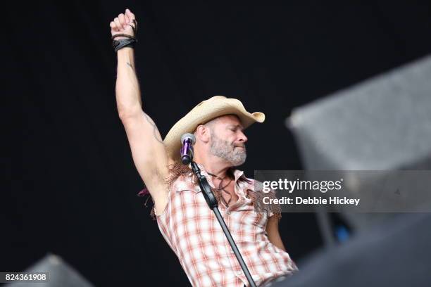 Jim Newman of Disco group the Village People performs on stage during Punchestown Music Festival at Punchestown Racecourse on July 29, 2017 in Naas,...