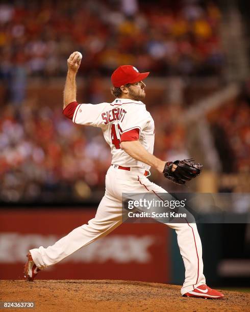 Kevin Siegrist of the St. Louis Cardinals pitches during the eighth inning against the Arizona Diamondbacks at Busch Stadium on July 29, 2017 in St....