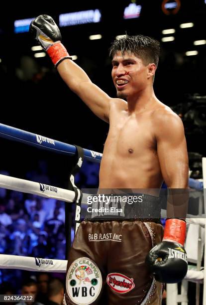 Mikey Garcia celebrates his 12 round win over Adrien Broner during their Junior Welterwight bout on July 29, 2017 at the Barclays Center in the...