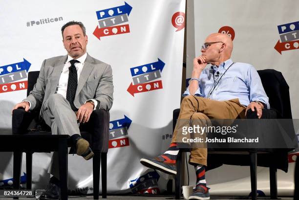 David Frum and James Carville at 'Art of the Campaign Strategy' panel during Politicon at Pasadena Convention Center on July 29, 2017 in Pasadena,...