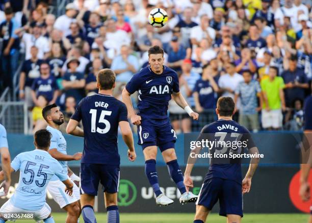 Tottenham Hotspur defender Kevin Wimmer headers the ball during the second half of a International Champions Cup match between Tottenham Hotspur and...