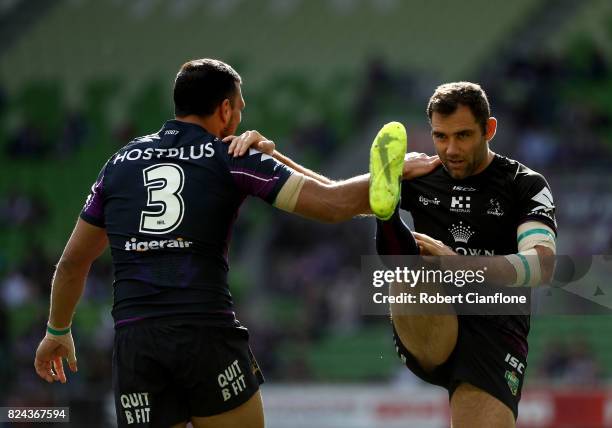 Cameron Smith of the Storm warms up for the round 21 NRL match between the Melbourne Storm and the Manly Sea Eagles at AAMI Park on July 30, 2017 in...