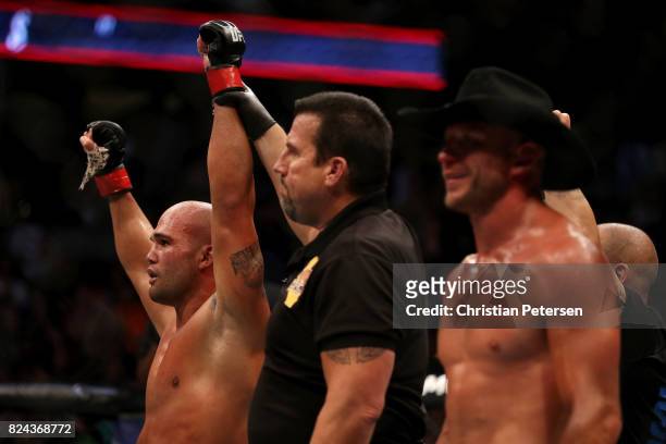 Robbie Lawler celebrates his defeat of Donald Cerrone in their welterweight bout during the UFC 214 event at Honda Center on July 29, 2017 in...