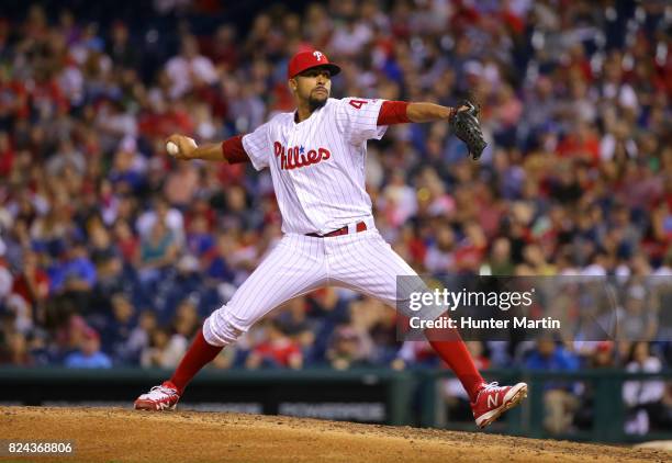 Jesen Therrien of the Philadelphia Phillies throws a pitch in the sixth inning during a game against the Atlanta Braves at Citizens Bank Park on July...