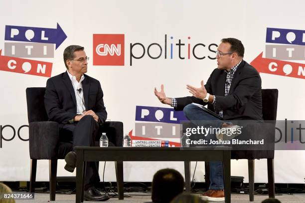 Xavier Becerra and Christopher Cillizza at 'The Po!nt' panel during Politicon at Pasadena Convention Center on July 29, 2017 in Pasadena, California.