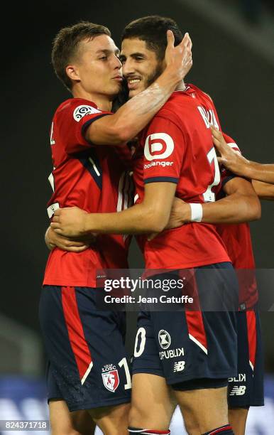 Yassine Benzia of Lille celebrates his goal with Nicolas De Preville during the pre-season friendly match between Lille OSC and Stade Rennais FC at...