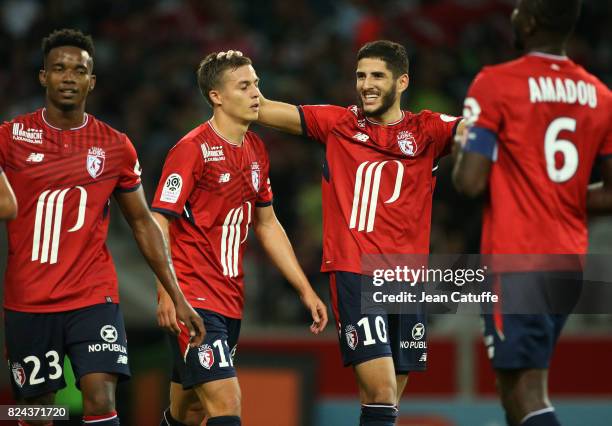 Yassine Benzia of Lille celebrates his goal with Nicolas De Preville during the pre-season friendly match between Lille OSC and Stade Rennais FC at...