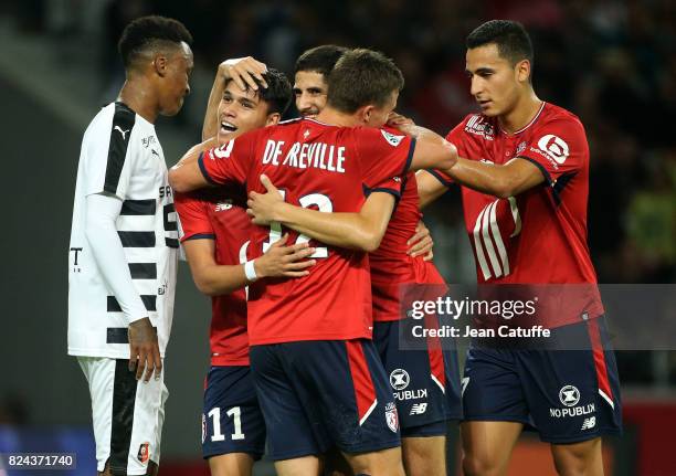 Yassine Benzia of Lille celebrates his goal with Nicolas De Preville, Luiz Araujo, Anwar El Ghazi during the pre-season friendly match between Lille...