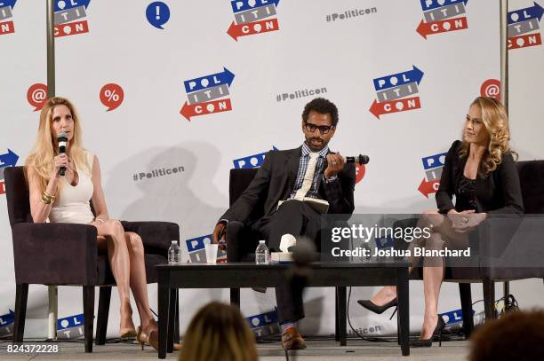 Ann Coulter, moderator Toure, and Ana Kasparian at 'Ann Coulter vs. Ana Kasparian' panel during Politicon at Pasadena Convention Center on July 29,...