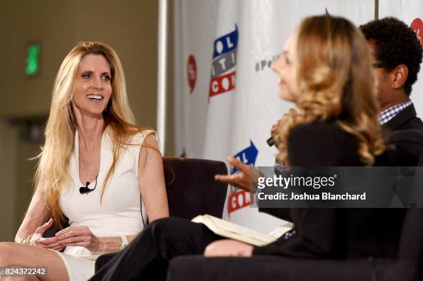 Ann Coulter and Ana Kasparian at 'Ann Coulter vs. Ana Kasparian' panel during Politicon at Pasadena Convention Center on July 29, 2017 in Pasadena,...