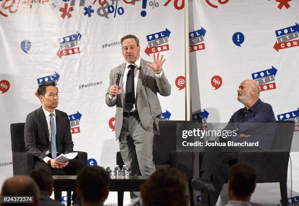 Richard Lui, David Frum, and Rob Reiner at Russias Attack on our Democracy panel during Politicon at Pasadena Convention Center on July 29, 2017...
