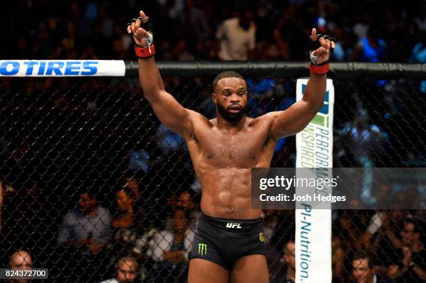 Tyron Woodley reacts after his UFC welterweight championship bout against Demian Maia of Brazil during the UFC 214 event at Honda Center on July 29,...