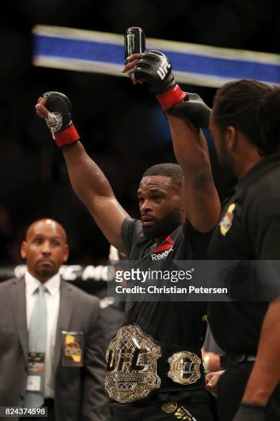 Tyron Woodley celebrates defeating Demian Maia of Brazil in their UFC welterweight championship bout during the UFC 214 event at Honda Center on July...