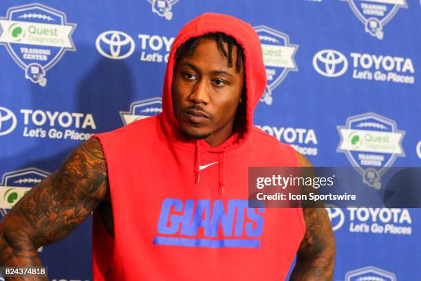 New York Giants wide receiver Brandon Marshall talks to the media after 2017 New York Giants training camp on July 29 at Quest Diagnostics Center in...