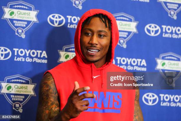 New York Giants wide receiver Brandon Marshall talks to the media after 2017 New York Giants training camp on July 29 at Quest Diagnostics Center in...