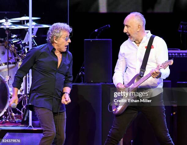Singer Roger Daltrey and guitarist Pete Townshend of The Who perform on the first night of the band's residency at The Colosseum at Caesars Palace on...