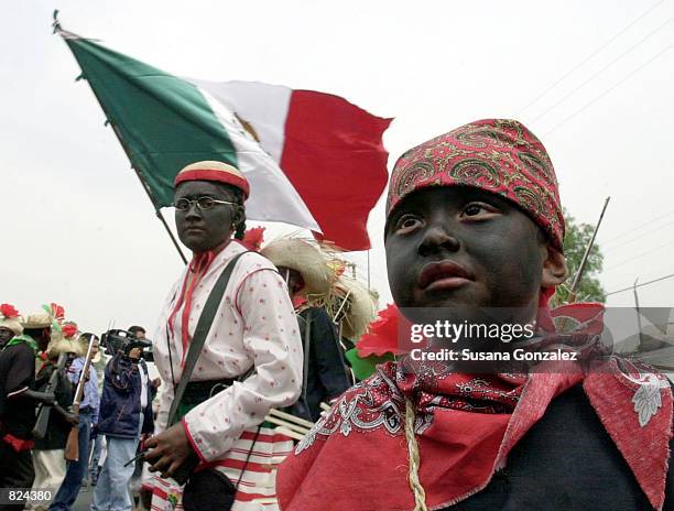 Mexicans dressed as Zacapuaxtlas fighters celebrate Cinco de Mayo with a reenactment of the 1862 battle between the French and the Zacapuaxtlas...