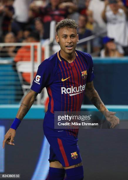 Neymar of Barcelona reacts in the second half against Real Madrid during their International Champions Cup 2017 match at Hard Rock Stadium on July...