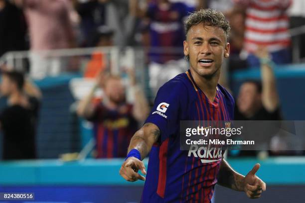 Neymar of Barcelona reacts in the second half against Real Madrid during their International Champions Cup 2017 match at Hard Rock Stadium on July...