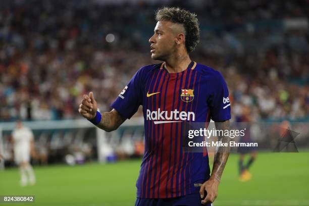 Neymar of Barcelona reacts during their International Champions Cup 2017 match against Real Madrid at Hard Rock Stadium on July 29, 2017 in Miami...