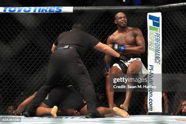 Jon Jones defeats Daniel Cormier in the Light Heavyweight title bout during UFC 214 at Honda Center on July 29, 2017 in Anaheim, California.