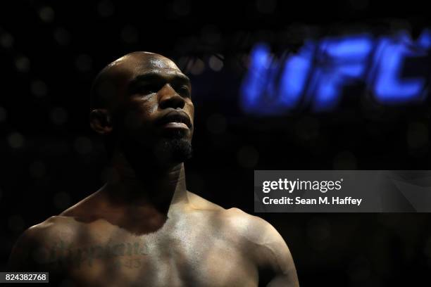 Jon Jones looks on prior to a fight against Daniel Cormier in the Light Heavyweight title bout during UFC 214 at Honda Center on July 29, 2017 in...