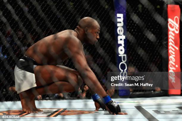 Jon Jones looks on prior to a fight against Daniel Cormier in the Light Heavyweight title bout during UFC 214 at Honda Center on July 29, 2017 in...