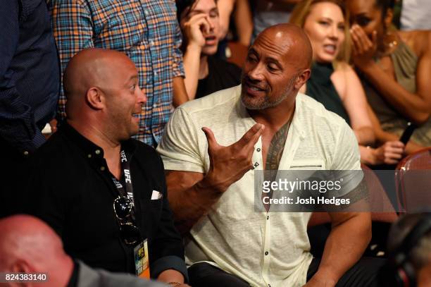 Dwayne 'The Rock' Johnson is seen in attendance during the UFC 214 event at Honda Center on July 29, 2017 in Anaheim, California.