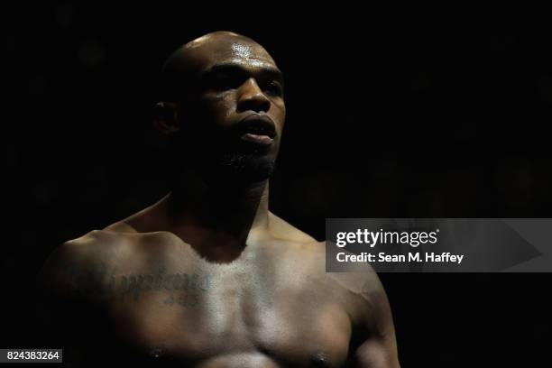 Jon Jones looks on prior to a fight against Daniel Cormier in the Light Heavyweight title bout during UFC 214 at Honda Center on July 29, 2017 in...