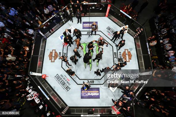 An overhead view of the Octagon as Jon Jones celebrates after knocking out Daniel Cormier during the UFC 214 event at Honda Center on July 29, 2017...