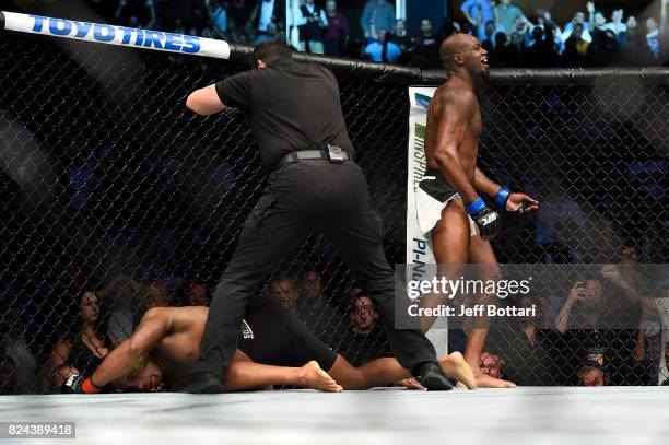 Jon Jones celebrates after defeating Daniel Cormier in their UFC light heavyweight championship bout during the UFC 214 event inside the Honda Center...