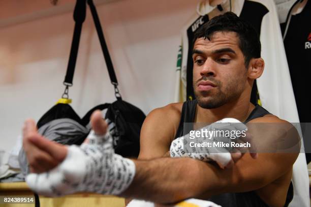 Renan Barao of Brazil has his hands wrapped prior to his bout against Aljamain Sterling during the UFC 214 event at Honda Center on July 29, 2017 in...