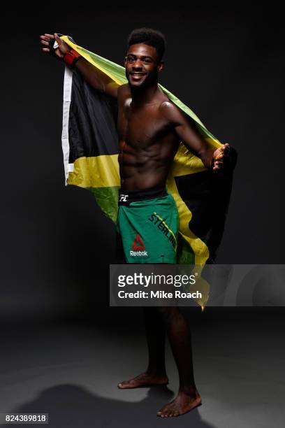 Aljamain Sterling poses for a portrait backstage after his victory over Renan Barao of Brazil during the UFC 214 event at Honda Center on July 29,...