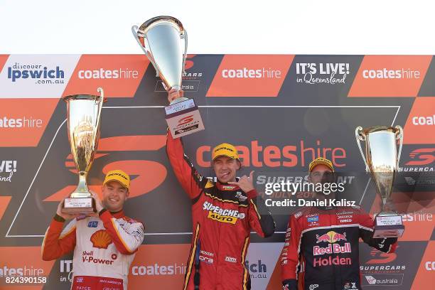 2nd place Scott McLaughlin driver of the Shell V-Power Racing Team Ford Falcon FGX, 1st place Chaz Mostert driver of the Supercheap Auto Racing Ford...