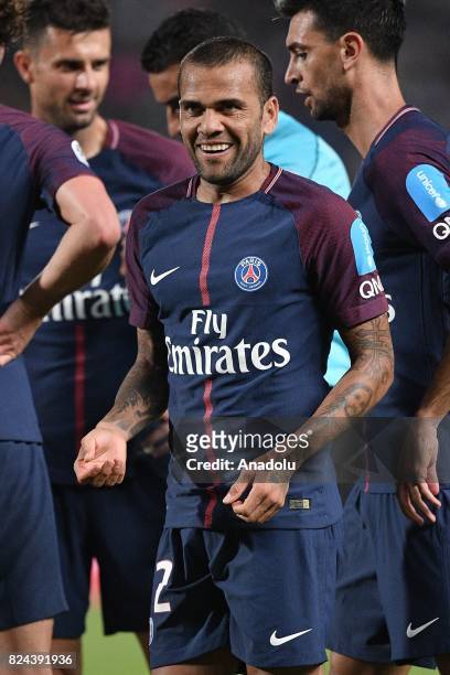 Dani Alves of Paris Saint-Germain celebrates at the end of the French Trophy of Champions football match between Monaco and Paris Saint-Germain at...