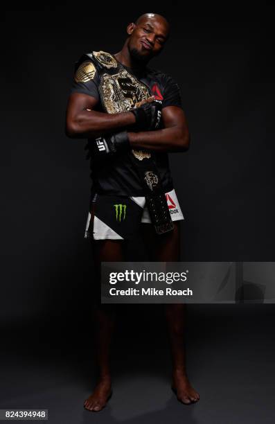 Jon Jones poses for a portrait backstatge after his victory over Daniel Cormier during the UFC 214 event at Honda Center on July 29, 2017 in Anaheim,...