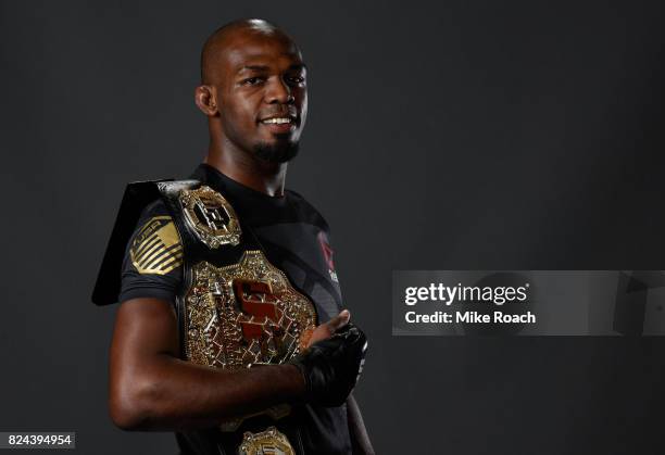 Jon Jones poses for a portrait backstatge after his victory over Daniel Cormier during the UFC 214 event at Honda Center on July 29, 2017 in Anaheim,...