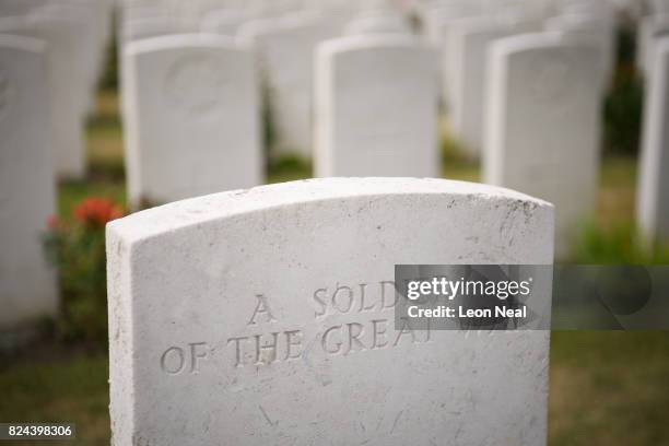 Headstones for unidentified soldiers are seen at the Tyne Cot Cemetery on July 29, 2017 in Zonnebeke, in the Ypres Salient battlefields area of...