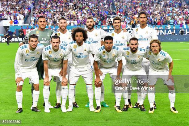 The Real Madrid team line up before the International Champions Cup match between Barcelona and Real Madrid at Hard Rock Stadium on July 29, 2017 in...